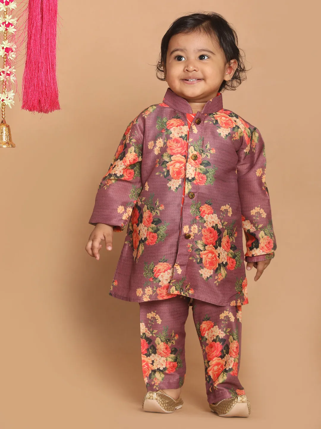 Jashvi Boy's Purple Floral Printed Kurta With Pyjama Set