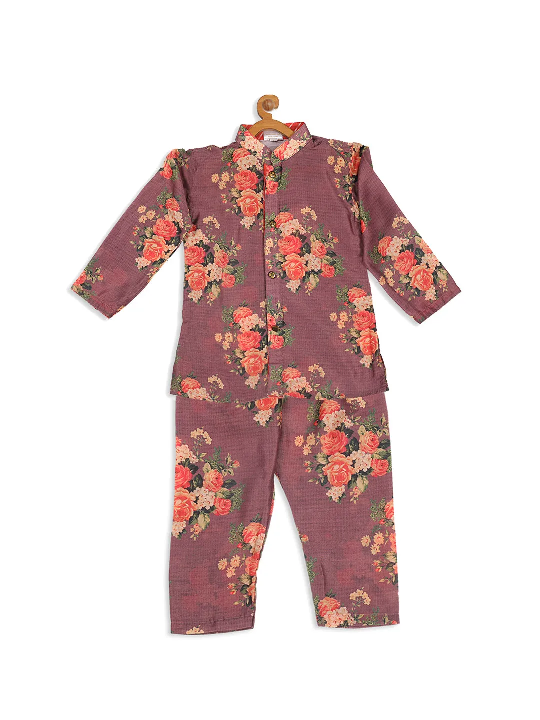 Jashvi Boy's Purple Floral Printed Kurta With Pyjama Set