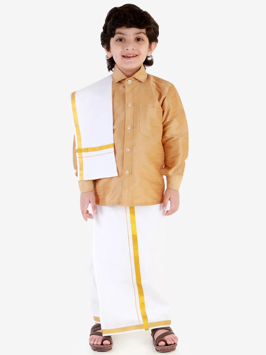 Jashvi Boys' Rose Gold Silk Long Sleeves Ethnic Shirt Mundu Vesty Style Dhoti Pant Set