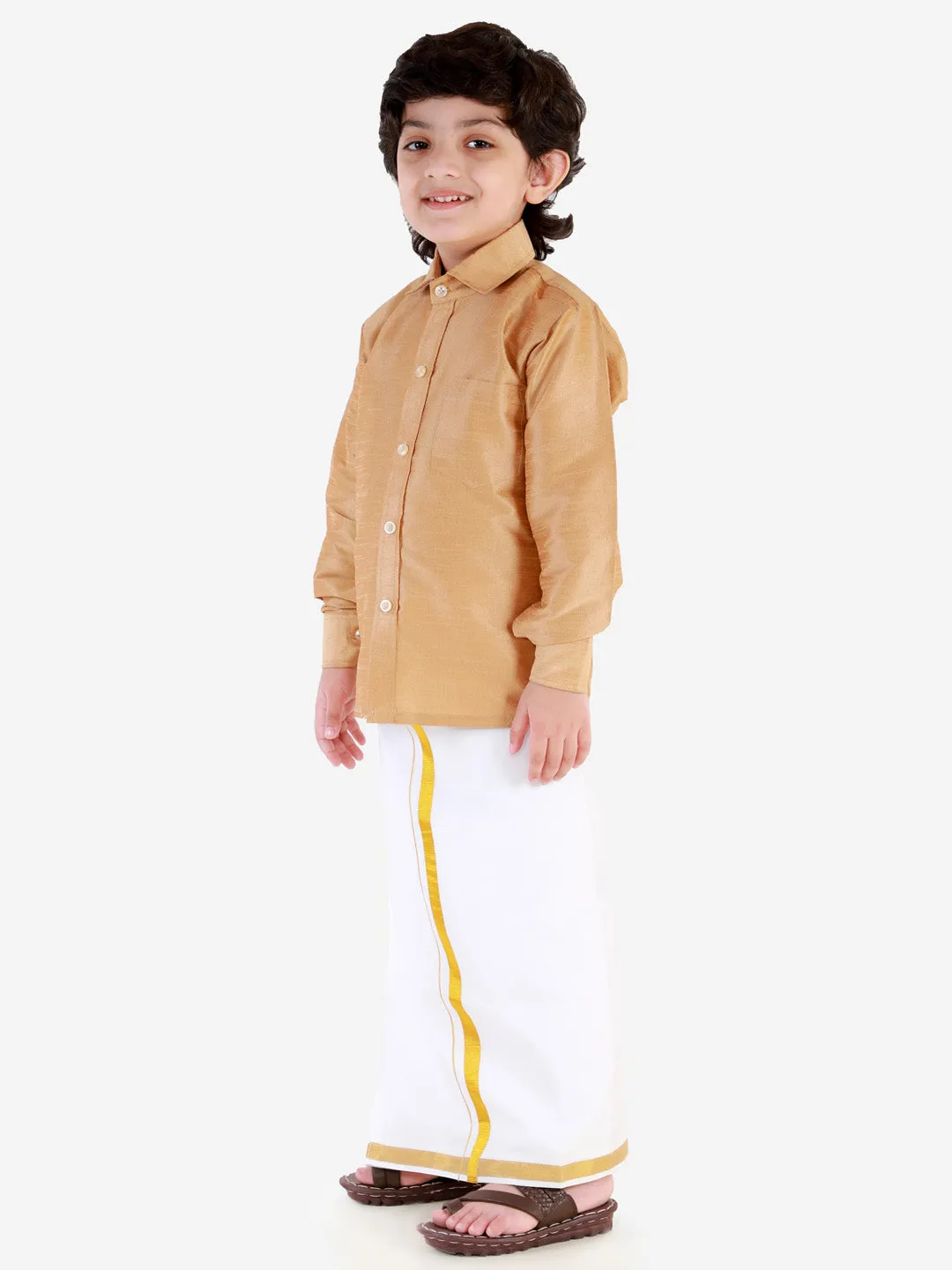 Jashvi Boys' Rose Gold Silk Long Sleeves Ethnic Shirt Mundu Vesty Style Dhoti Pant Set