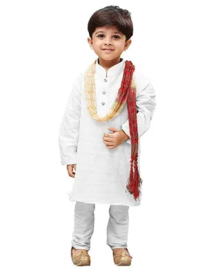 Jashvi Boys' White Cotton Kurta, Pyjama & Dupatta Set