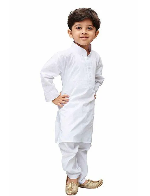 Jashvi Boys' White Cotton Kurta, Pyjama & Dupatta Set