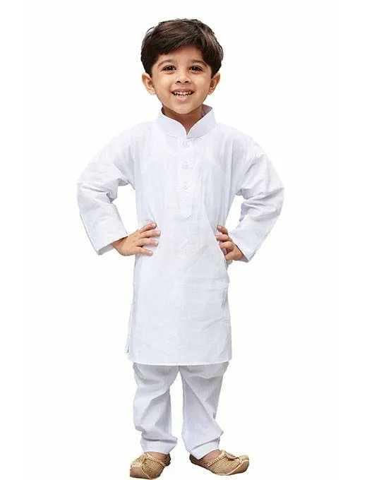 Jashvi Boys' White Cotton Kurta, Pyjama & Dupatta Set