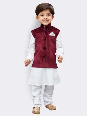 Jashvi Boys' White Cotton Kurta, Waistcoat and Pyjama Set