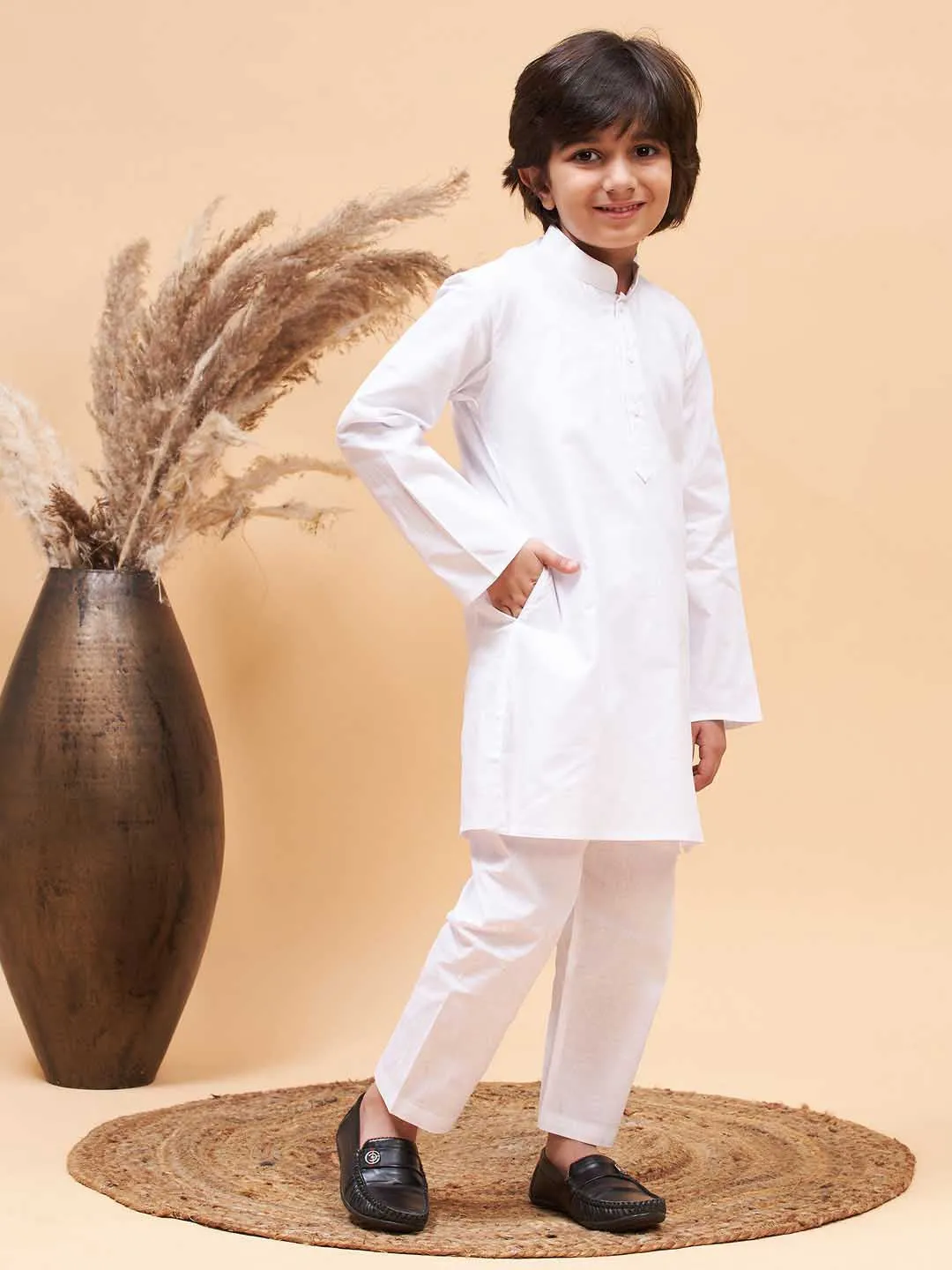 Jashvi Boy's White Kurta and Pyjama Set