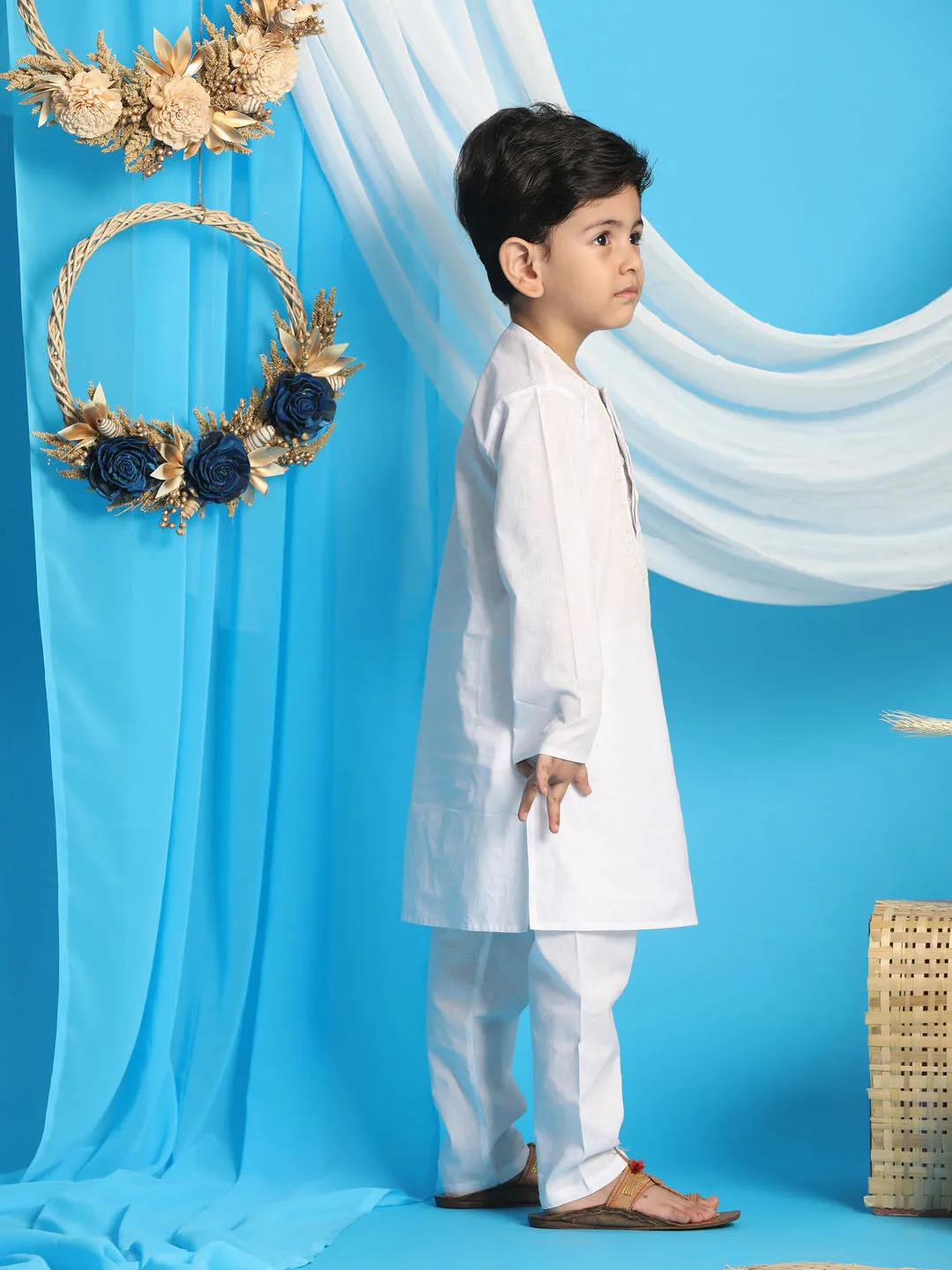 Jashvi Boys' White Kurta And White Pyjama Set