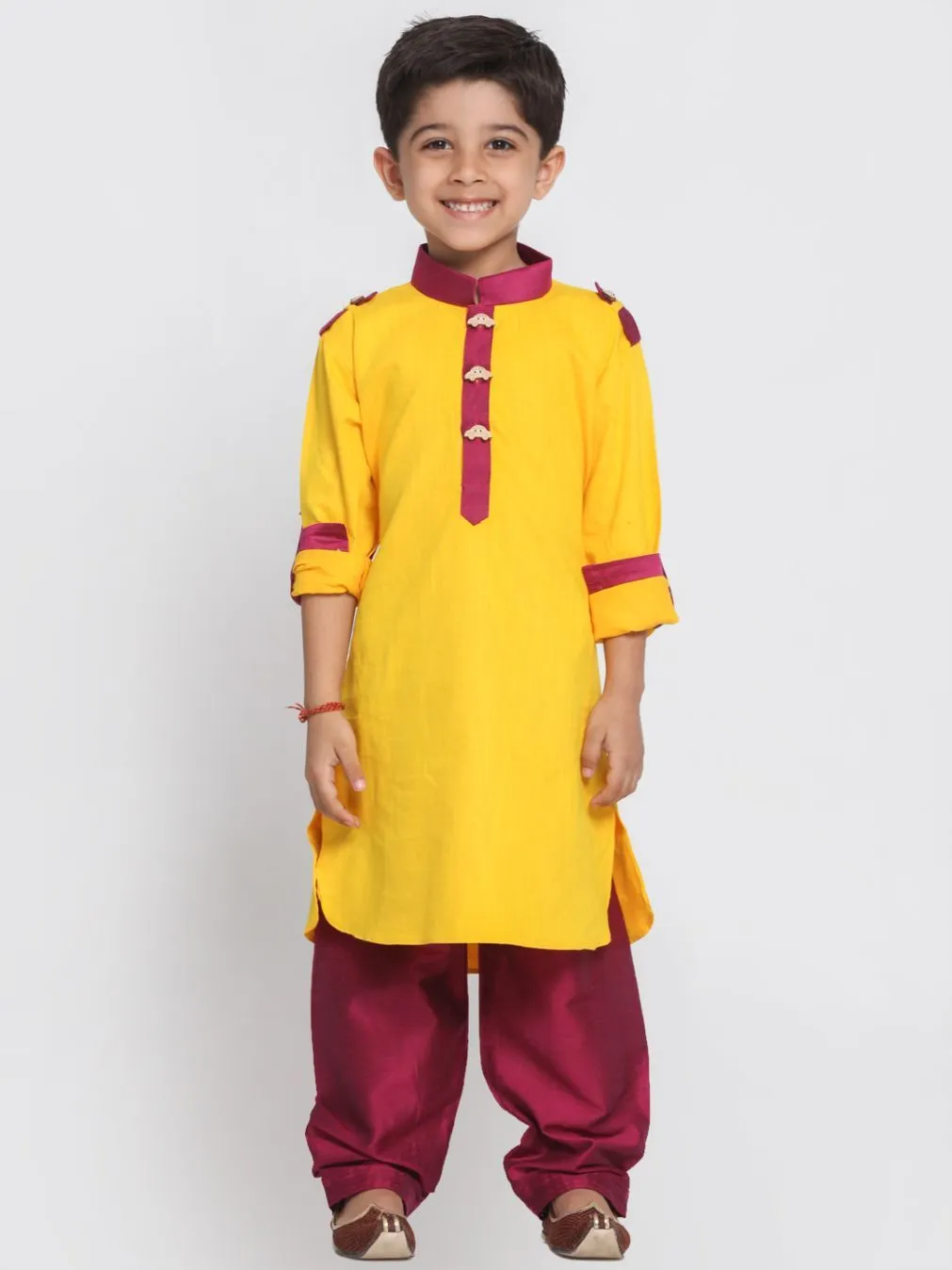 Jashvi Boy's Yellow Cotton Pathani Suit