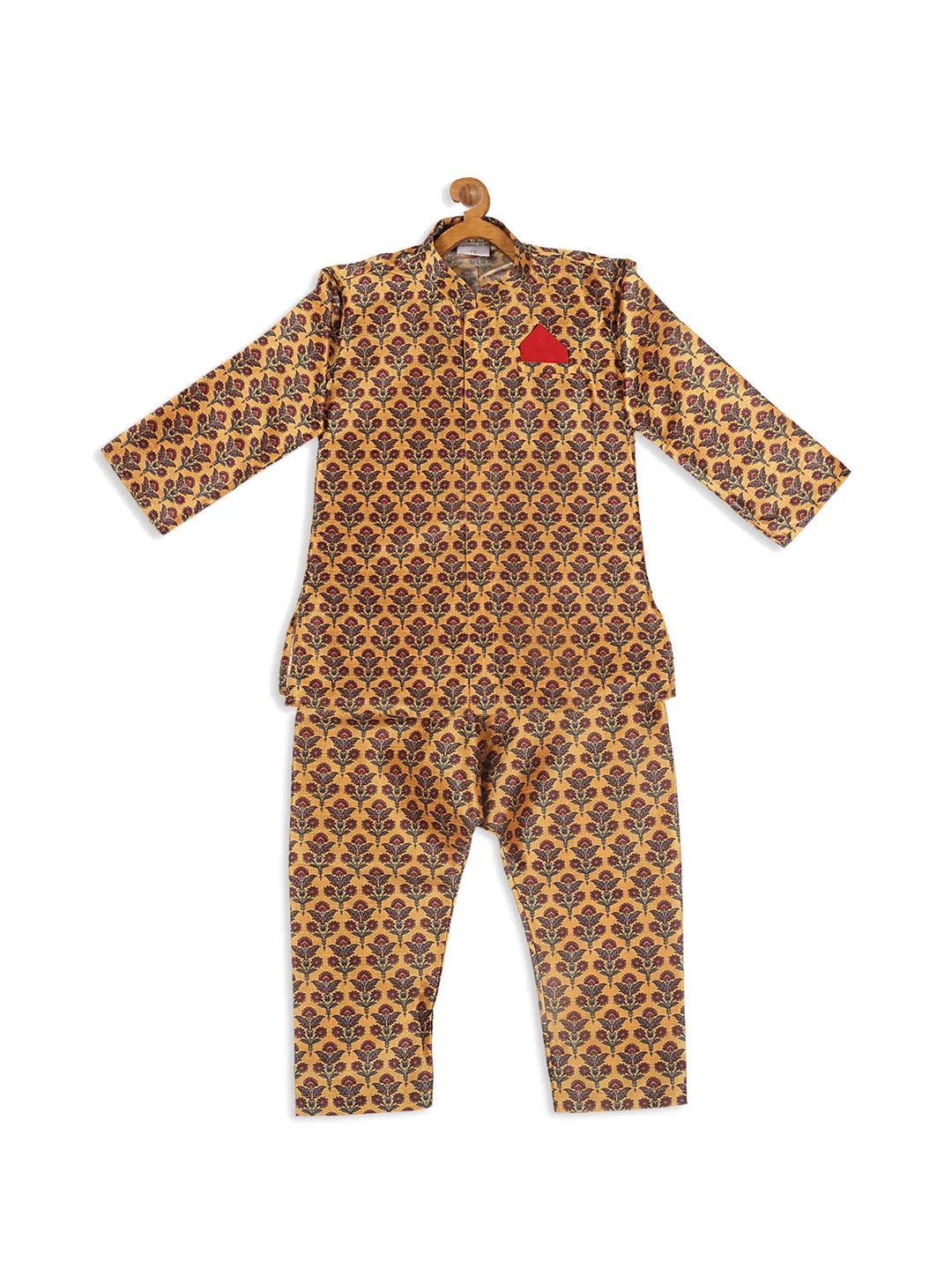 Jashvi Boys Yellow Floral Printed Kurta And Pyjama Set