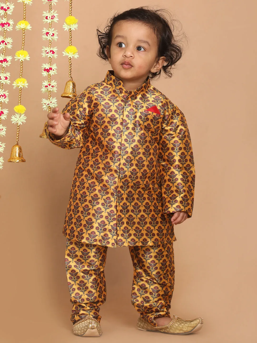 Jashvi Boys Yellow Floral Printed Kurta And Pyjama Set