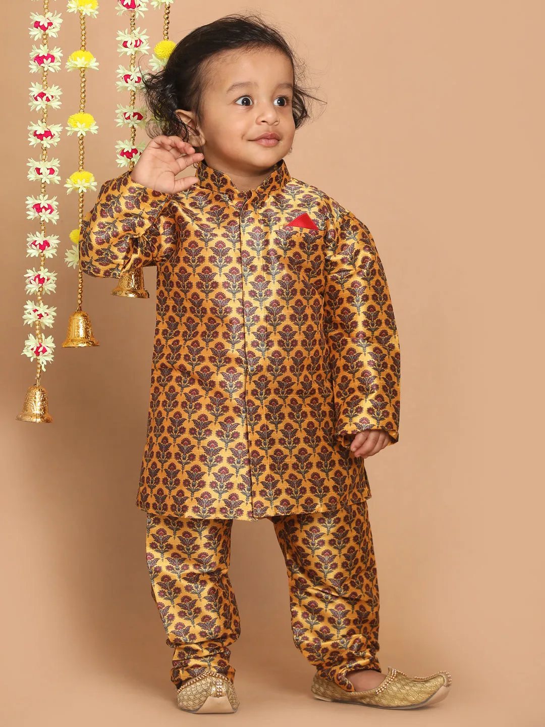 Jashvi Boys Yellow Floral Printed Kurta And Pyjama Set