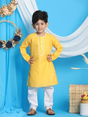 Jashvi Boys' Yellow Kurta And White Pyjama Set