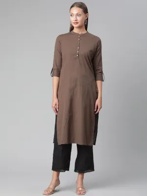 Jashvi Brown Cotton Straight Kurti