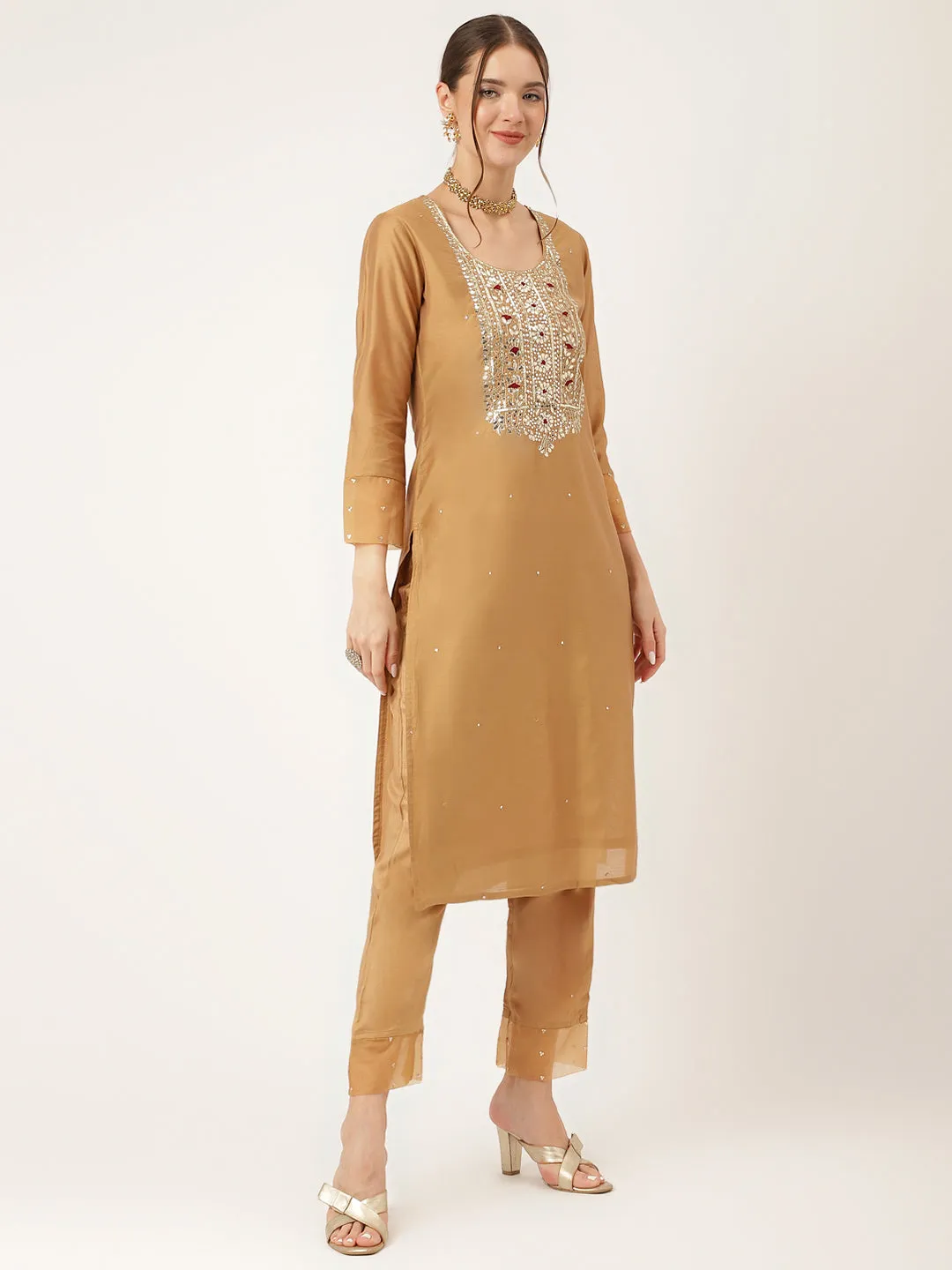 Jashvi Brown Embroidered Chanderi  Kurta, Trouser With Dupatta