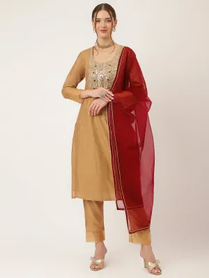 Jashvi Brown Embroidered Chanderi  Kurta, Trouser With Dupatta