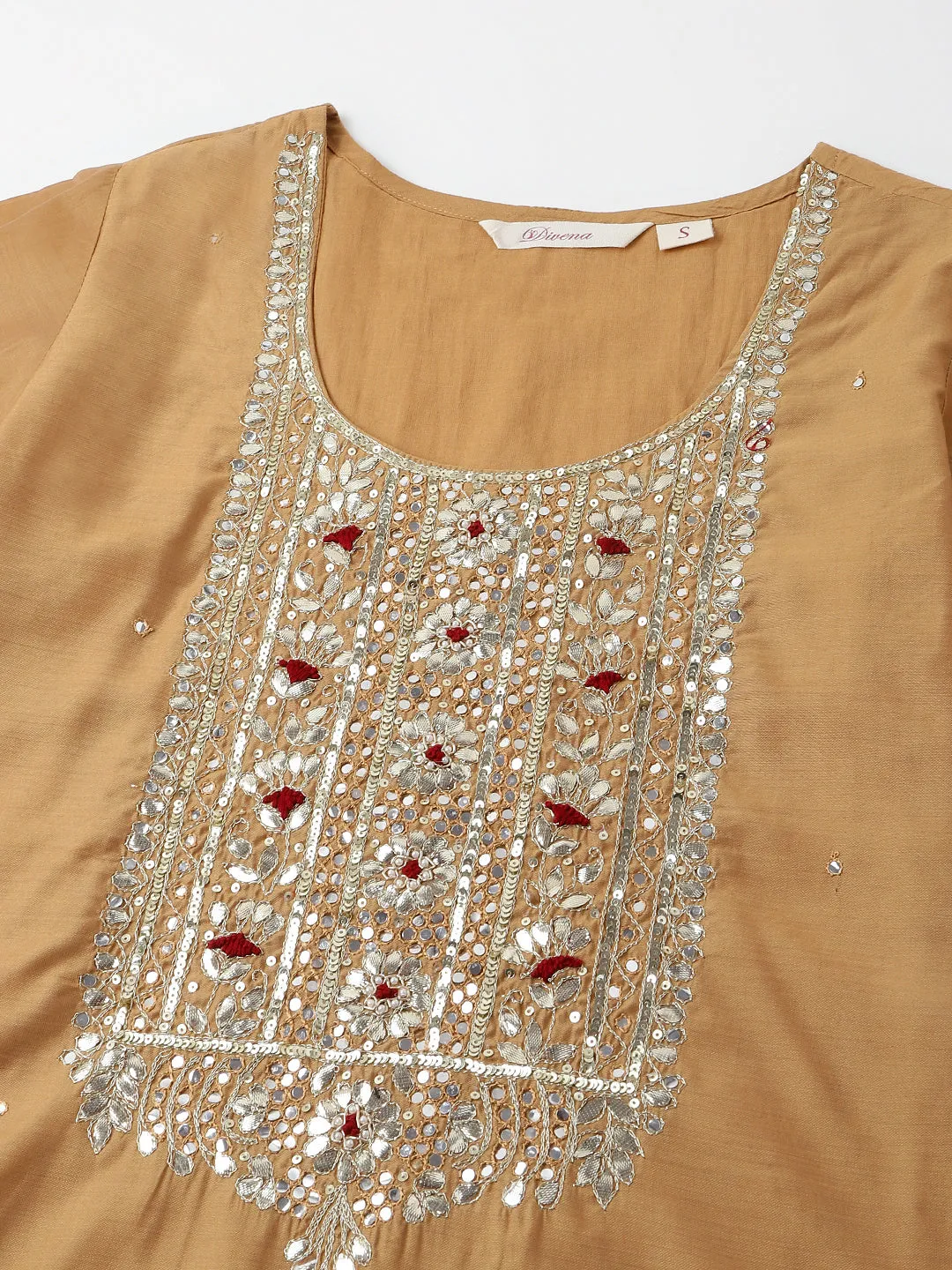 Jashvi Brown Embroidered Chanderi  Kurta, Trouser With Dupatta