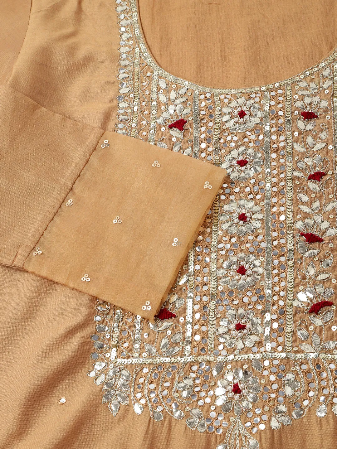 Jashvi Brown Embroidered Chanderi  Kurta, Trouser With Dupatta