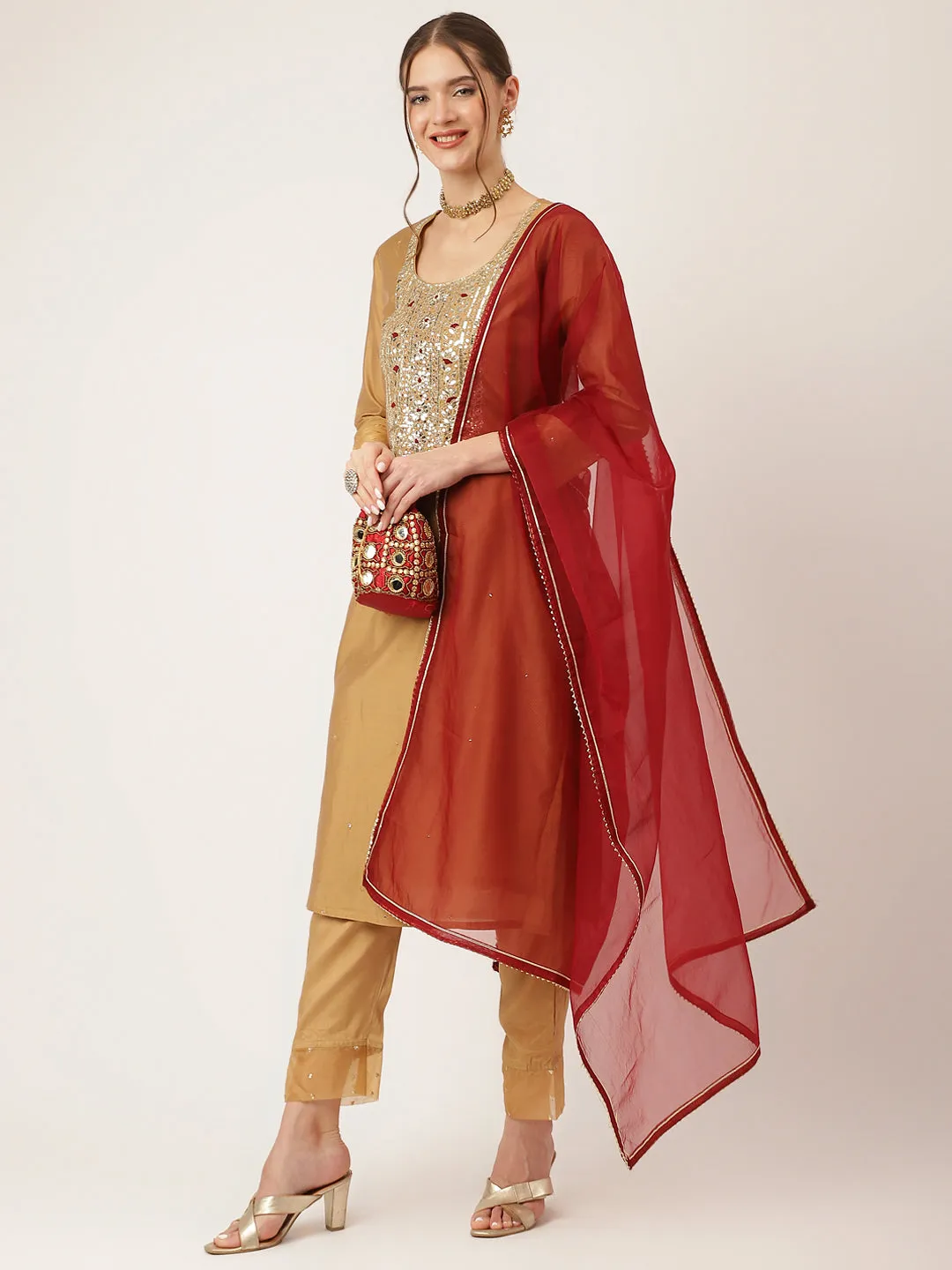 Jashvi Brown Embroidered Chanderi  Kurta, Trouser With Dupatta