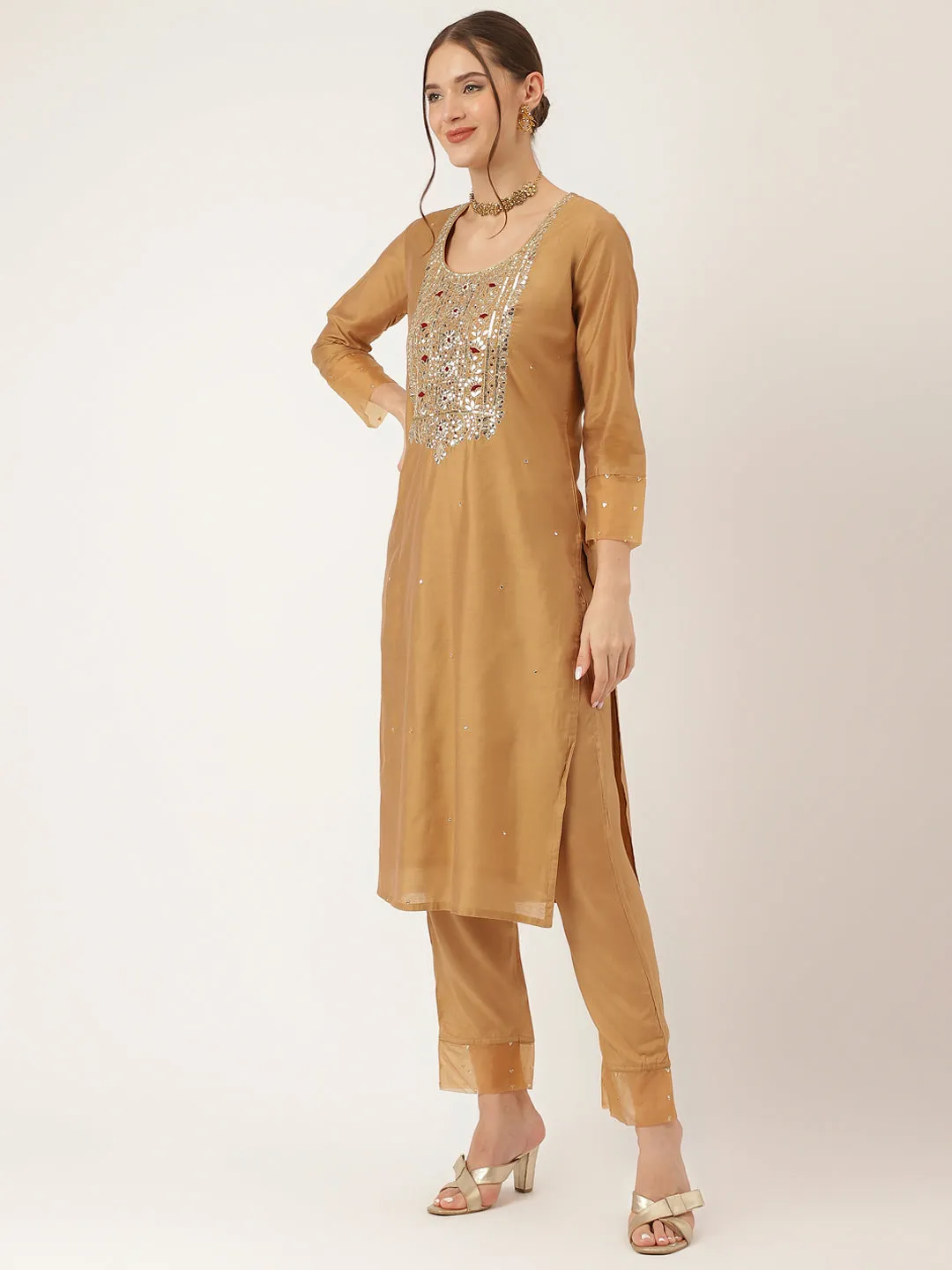 Jashvi Brown Embroidered Chanderi  Kurta, Trouser With Dupatta