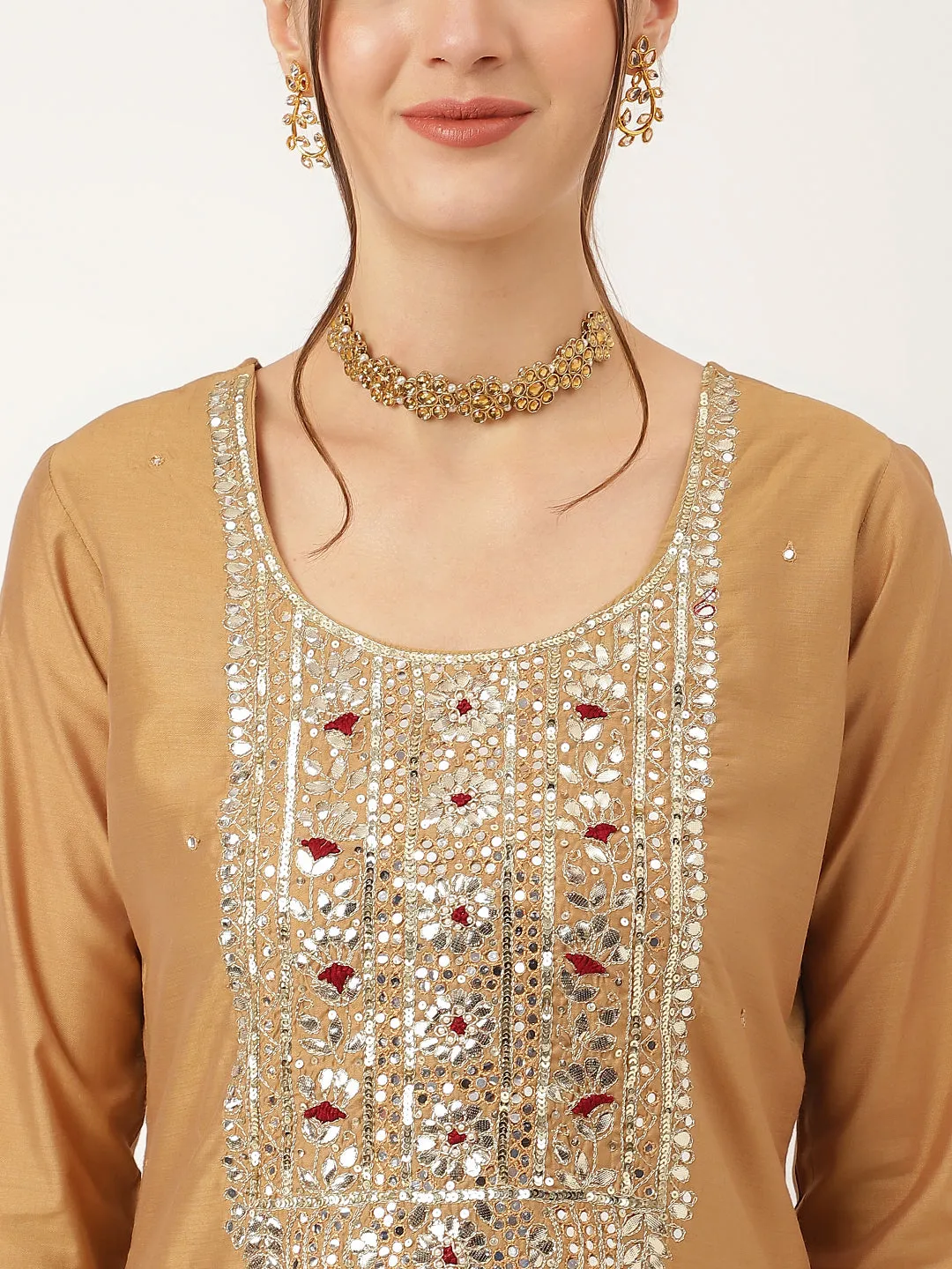 Jashvi Brown Embroidered Chanderi  Kurta, Trouser With Dupatta