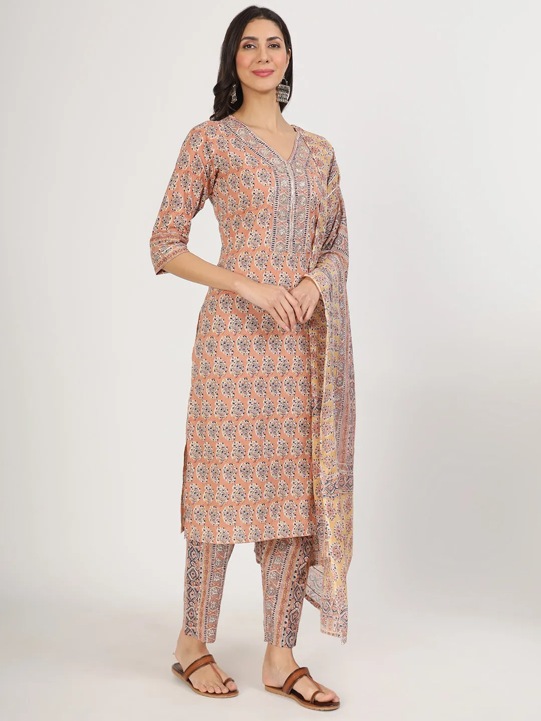 Jashvi Brown Embroidered Cotton Kurta pants with Dupatta set