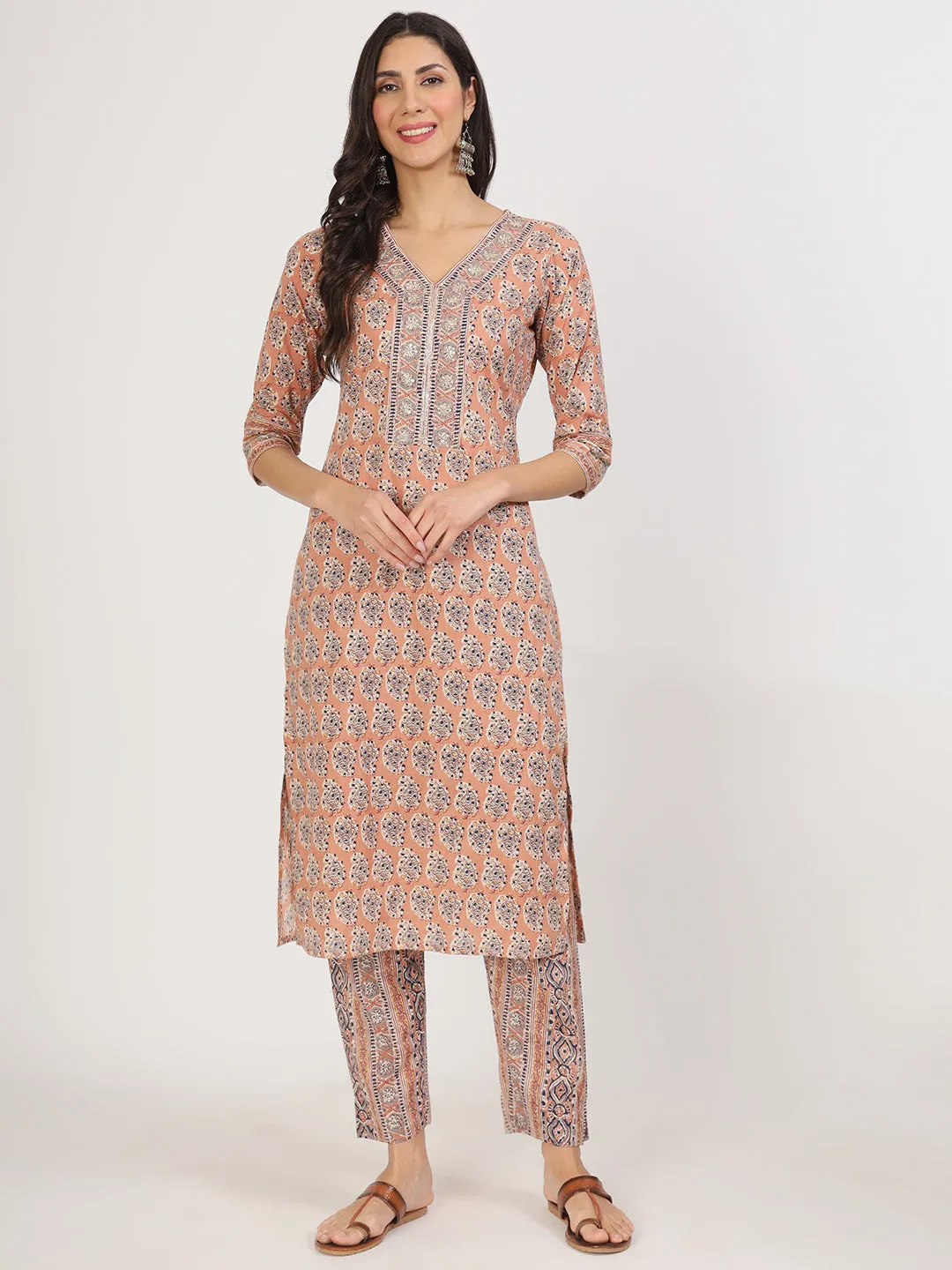 Jashvi Brown Embroidered Cotton Kurta pants with Dupatta set