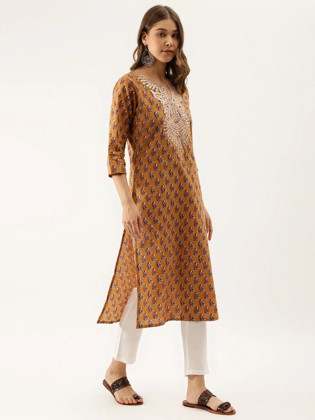 Jashvi Brown Floral Printed Cotton Zari Work Kurta for Women