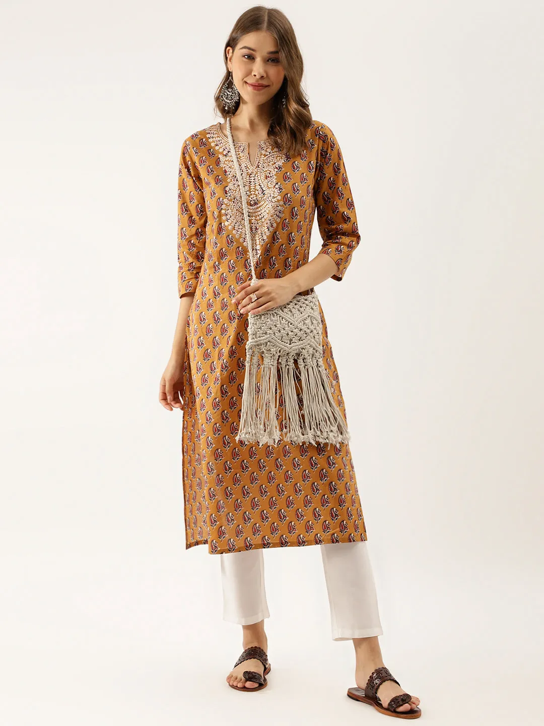 Jashvi Brown Floral Printed Cotton Zari Work Kurta for Women