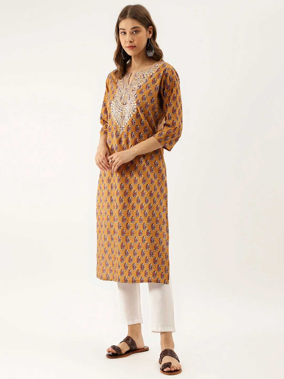 Jashvi Brown Floral Printed Cotton Zari Work Kurta for Women