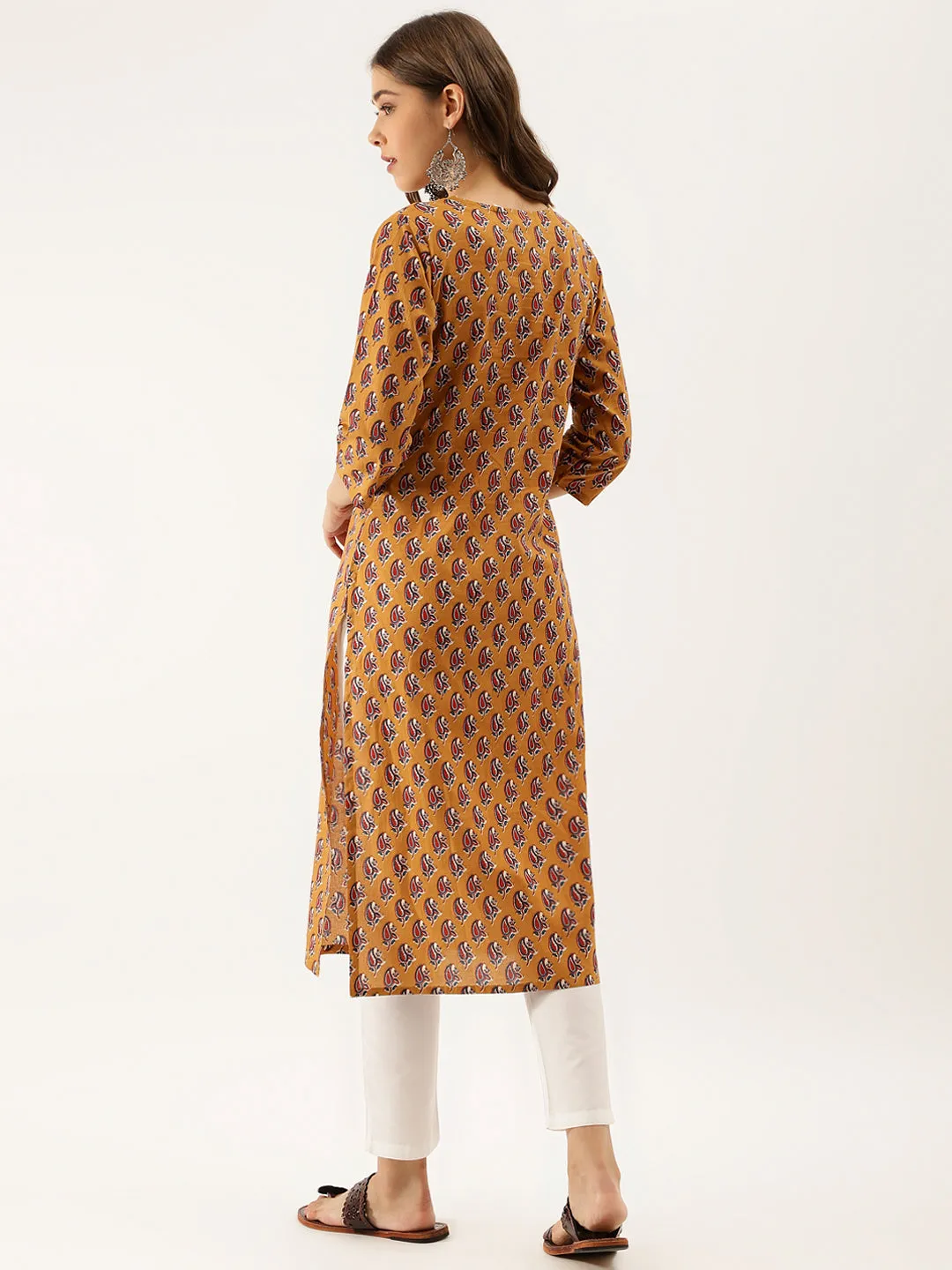 Jashvi Brown Floral Printed Cotton Zari Work Kurta for Women