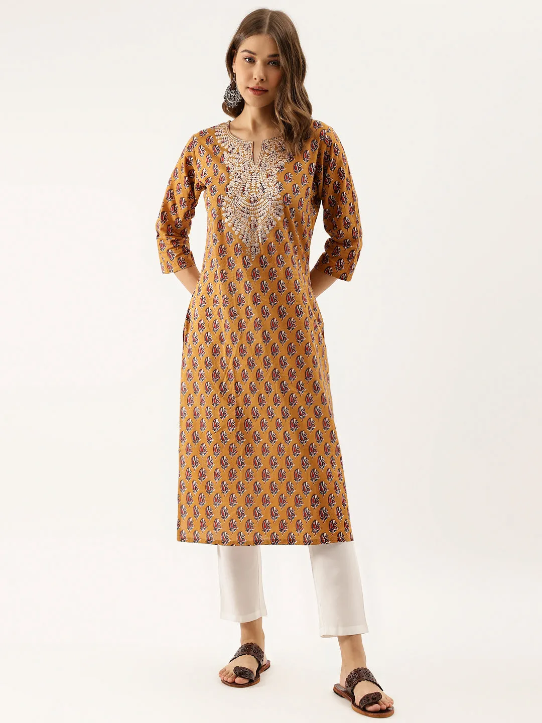 Jashvi Brown Floral Printed Cotton Zari Work Kurta for Women