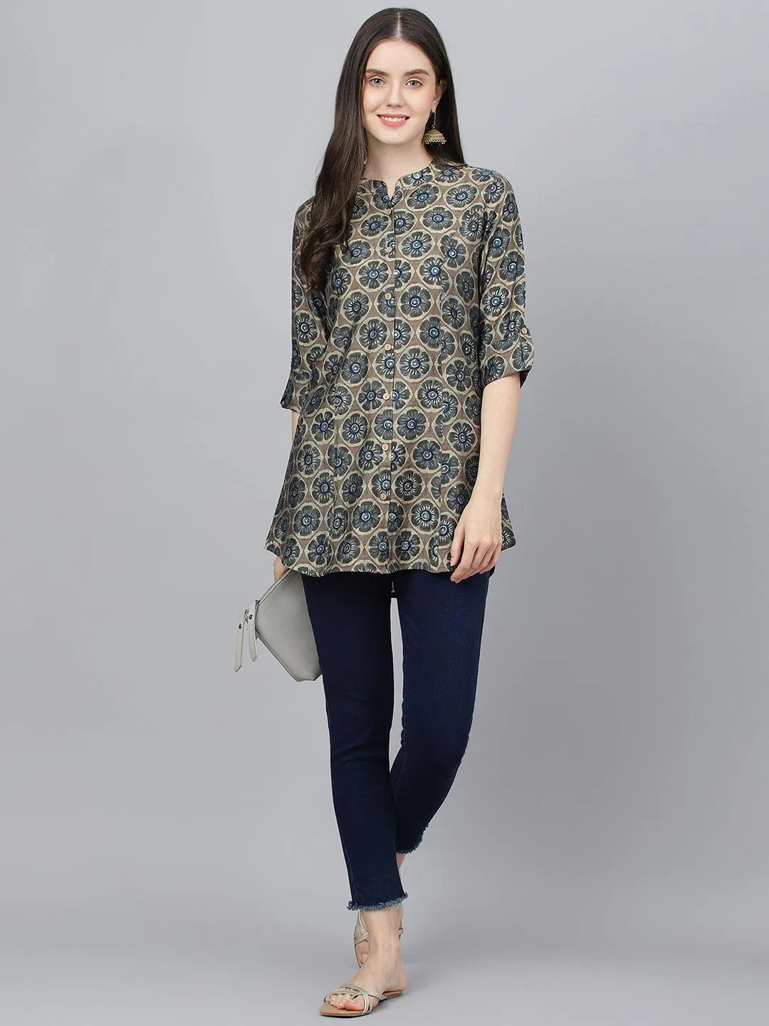 Jashvi Brown Floral Printed Modal A-Line Shirts Style Top