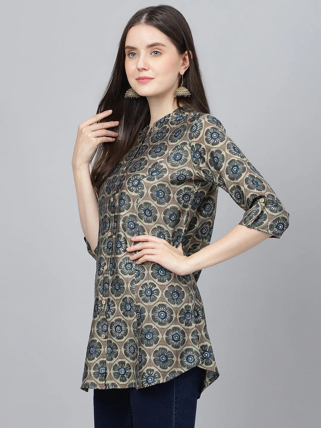 Jashvi Brown Floral Printed Modal A-Line Shirts Style Top