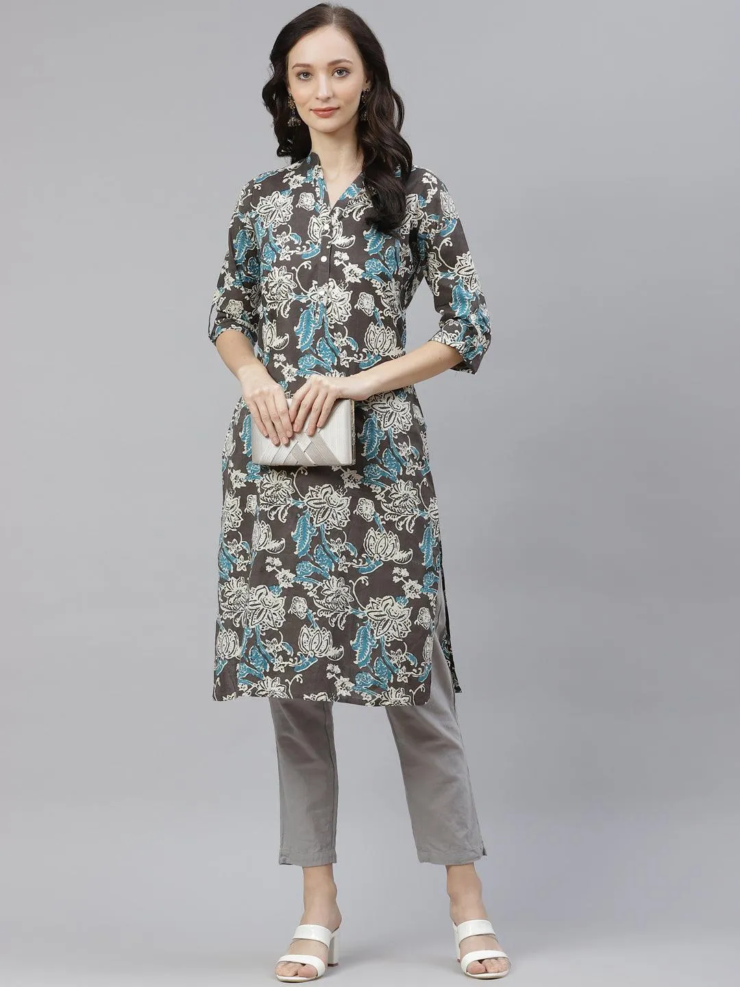 Jashvi Brown Floral printed Straight kurta