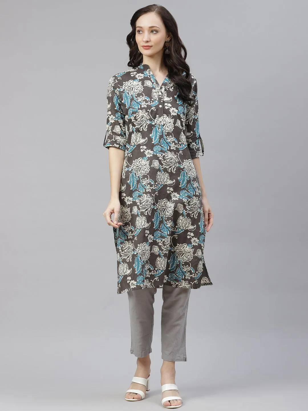 Jashvi Brown Floral printed Straight kurta