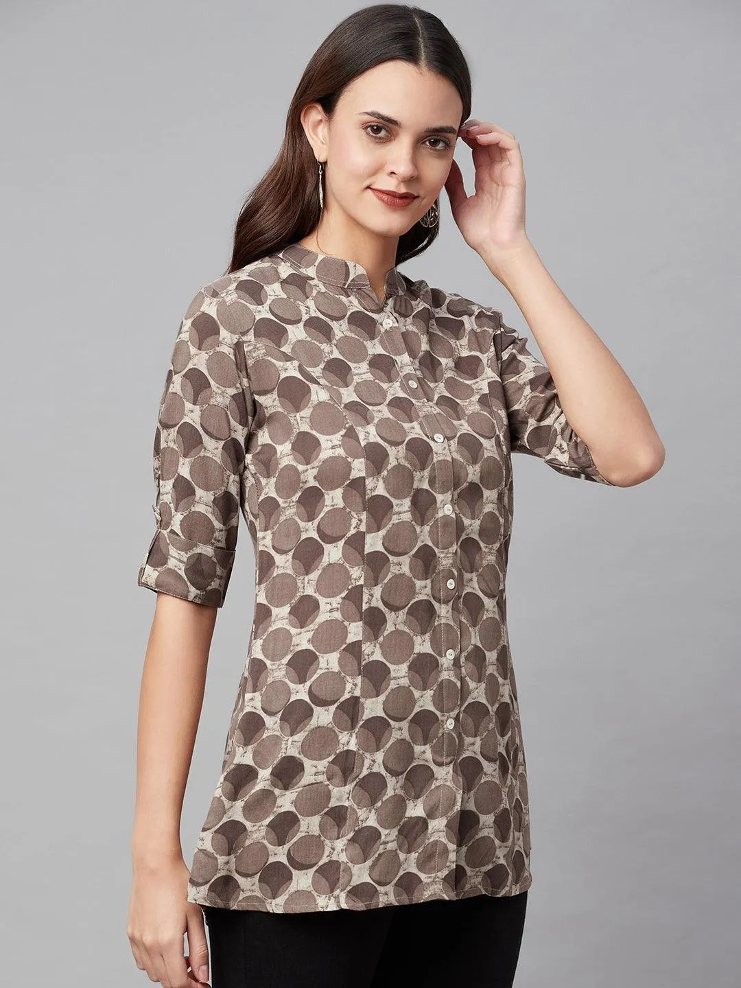 Jashvi Brown Floral Rayon A-line Shirts Style Top