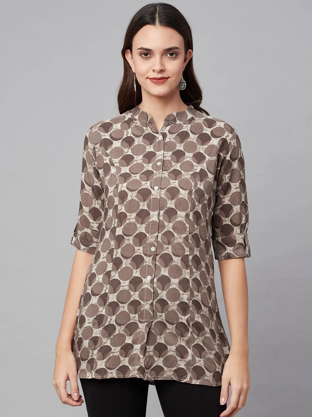 Jashvi Brown Floral Rayon A-line Shirts Style Top