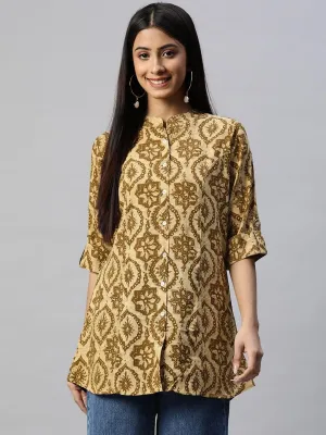 Jashvi Coffee Brown Floral Rayon A-line Shirts Style Top