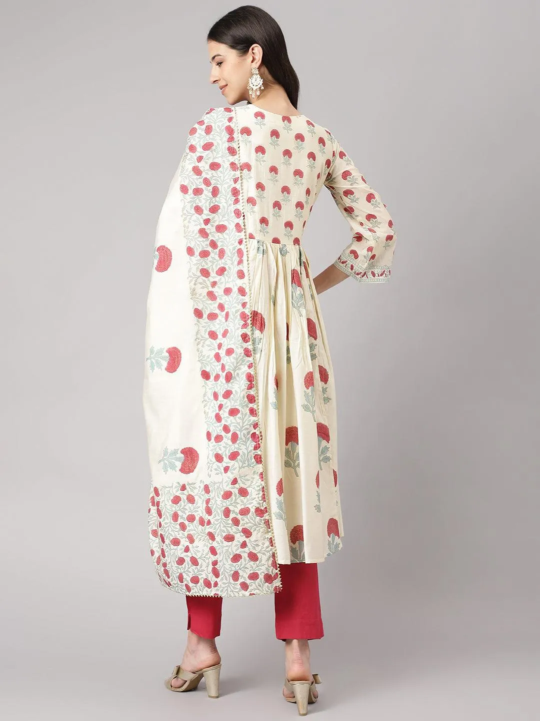 Jashvi Cream Chanderi Floral Anarkali Kurta Pant Set with Dupatta