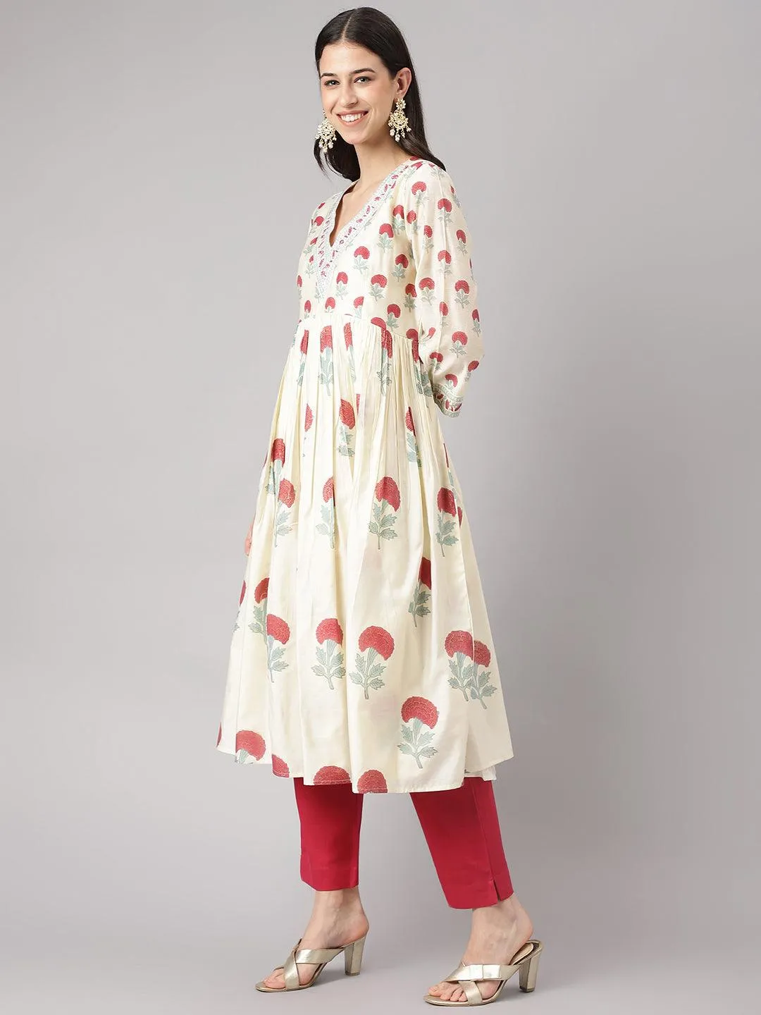 Jashvi Cream Chanderi Floral Anarkali Kurta Pant Set with Dupatta