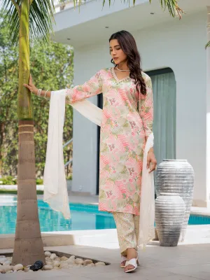 Jashvi Cream Embroidered & Floral Print Muslin Kurta Set