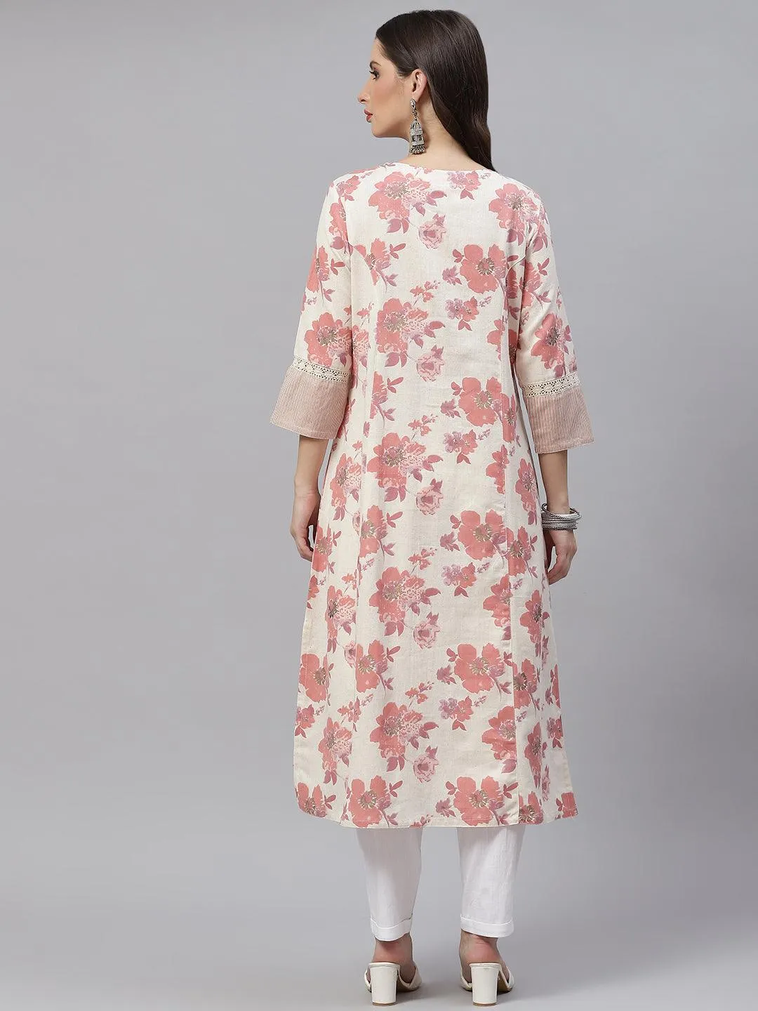 Jashvi Cream Floral cotton flex A-Line Kurta