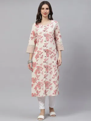 Jashvi Cream Floral cotton flex A-Line Kurta