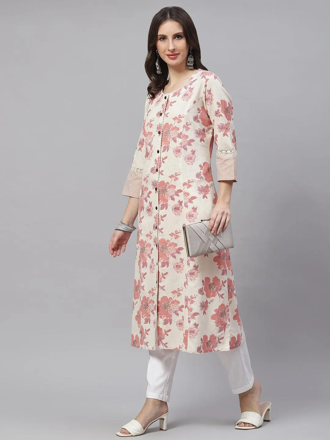 Jashvi Cream Floral cotton flex A-Line Kurta