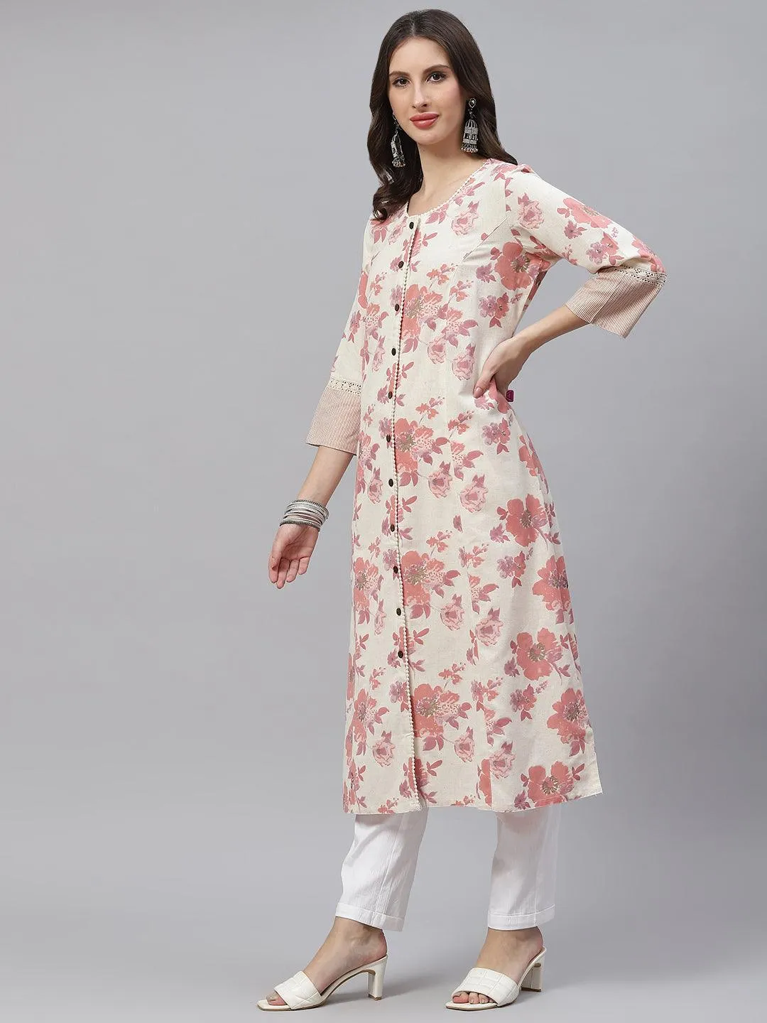 Jashvi Cream Floral cotton flex A-Line Kurta