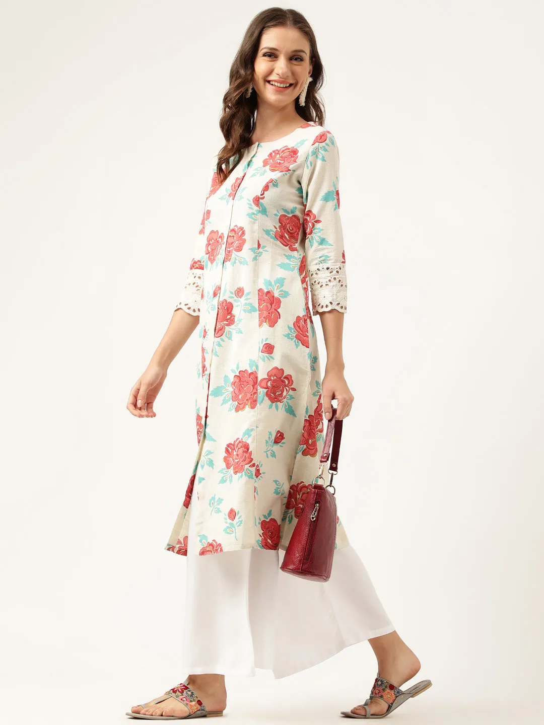 Jashvi Cream Floral Printed Cotton A-Line  Kurta