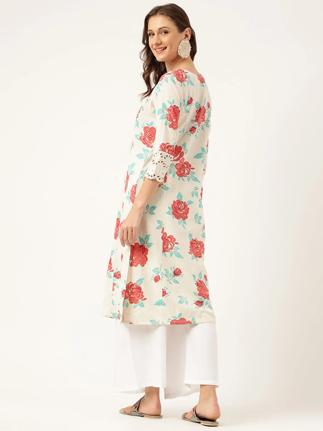 Jashvi Cream Floral Printed Cotton A-Line  Kurta