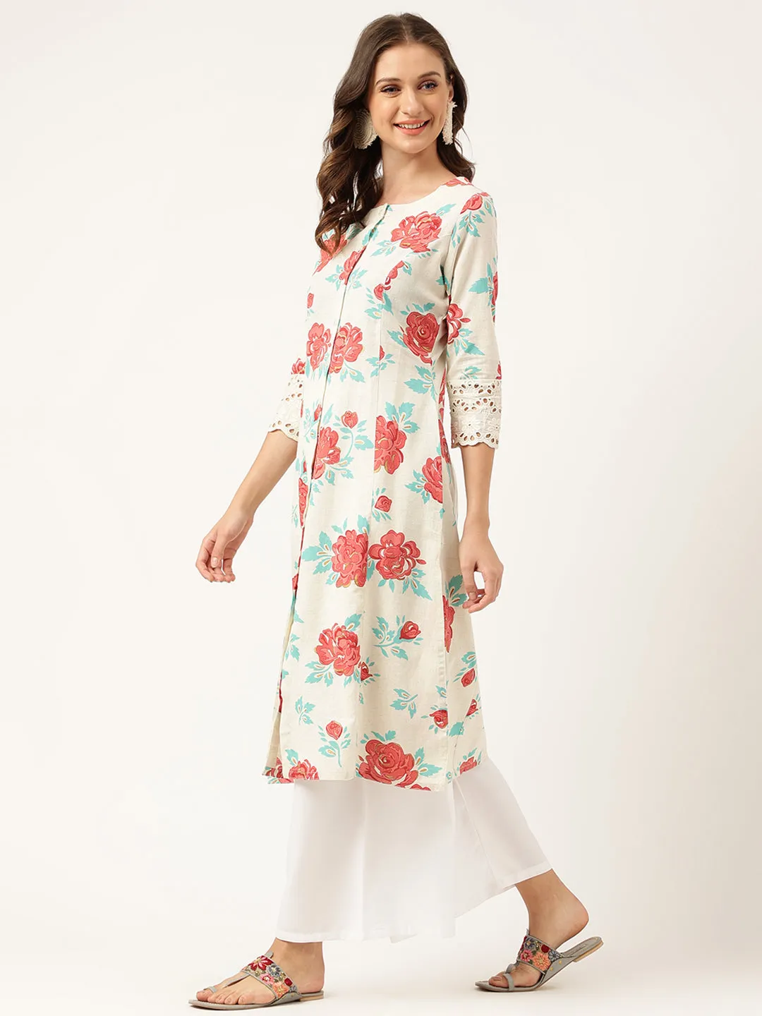 Jashvi Cream Floral Printed Cotton A-Line  Kurta