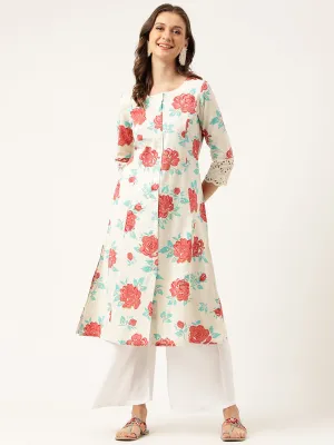 Jashvi Cream Floral Printed Cotton A-Line  Kurta