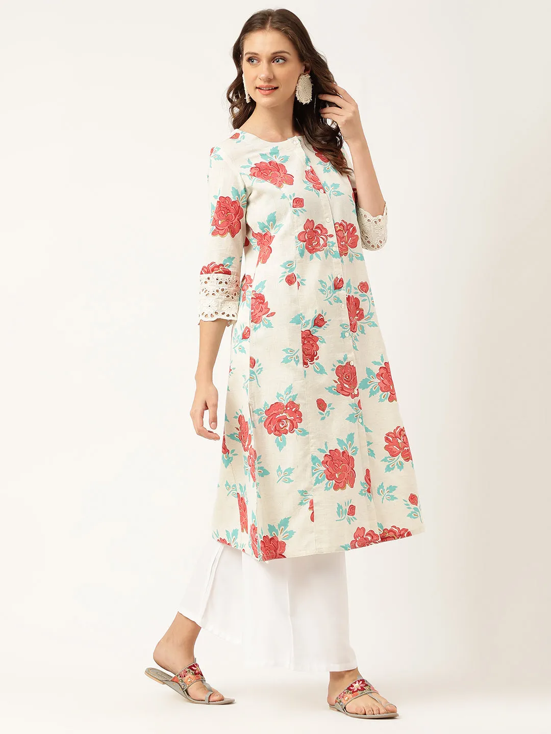 Jashvi Cream Floral Printed Cotton A-Line  Kurta