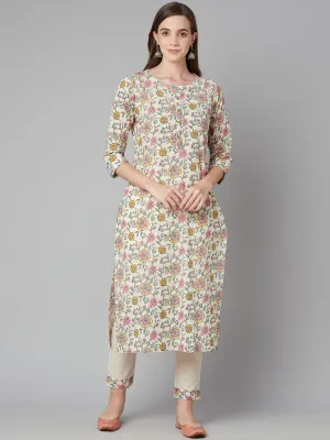 Jashvi Cream Floral Printed Cotton Kurta Pant Set